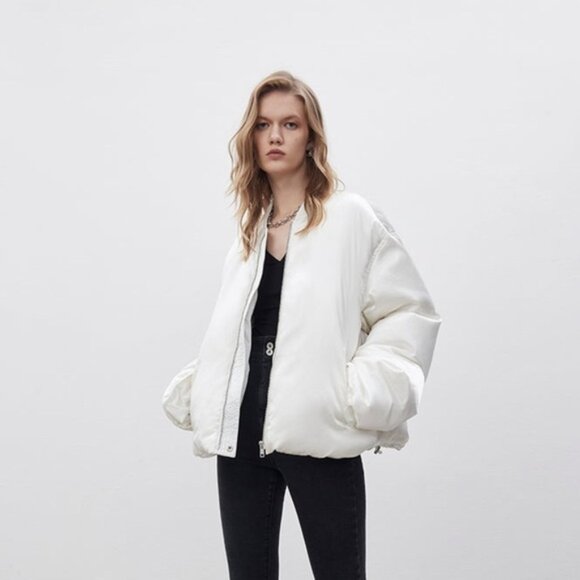 Madeinam Jill Bomber Puffer Jacket Winter Coat Oversized Satin Shine white XS - Picture 1 of 16